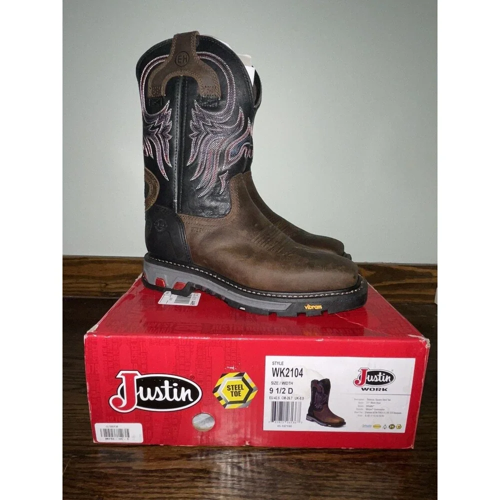 New Justin Commander X5 Boots Steel Toe WK2104 Tobacco Men's Shoe Size 9.5 D